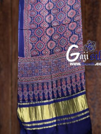 Blue Ajrak Saree Hand Block Gaji Silk