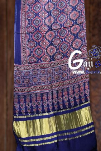 Blue Ajrak Saree Hand Block Gaji Silk