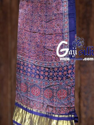 Blue Ajrak Saree Hand Block Gaji Silk