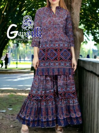 Blue Ajrak Designer Sharara Dress Set In Pure Silk By Arfat Khatri
