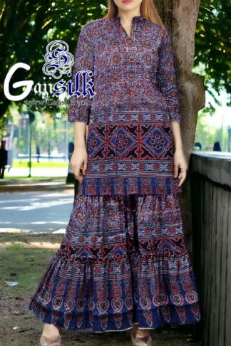 Blue Ajrak Designer Sharara Dress Set In Pure Silk By Arfat Khatri