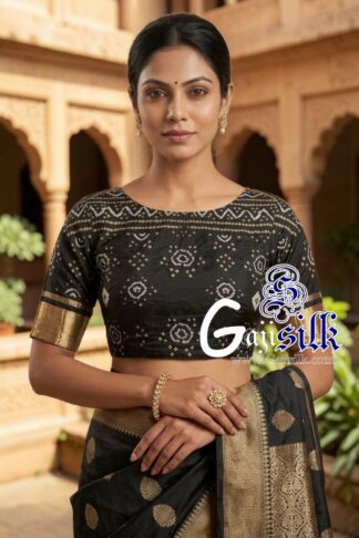 Black Bandhani Blouse Piece with Gold Zari in Pure Gaji Silk