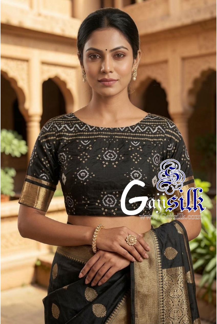 Black Bandhani Blouse Piece with Gold Zari in Pure Gaji Silk