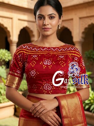 Red Bandhani Blouse Piece with Gold Zari in Pure Gaji Silk