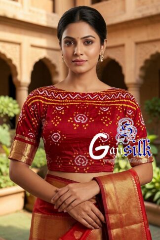Red Bandhani Blouse Piece with Gold Zari in Pure Gaji Silk