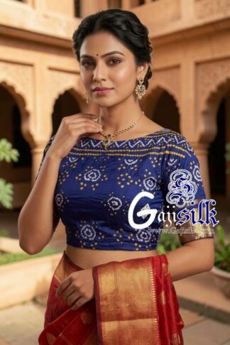 Blue Bandhani Blouse Piece with Gold Zari in Pure Gaji Silk