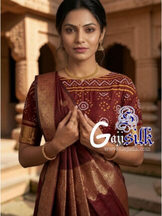 Maroon Bandhani Blouse Piece with Gold Zari in Pure Gaji Silk