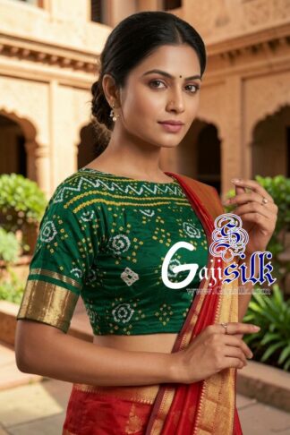 Green Bandhani Blouse Piece with Gold Zari in Pure Gaji Silk