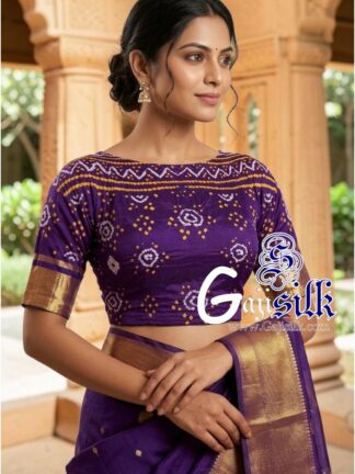 Purple Bandhani Blouse Piece with Gold Zari in Pure Gaji Silk