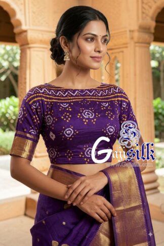 Purple Bandhani Blouse Piece with Gold Zari in Pure Gaji Silk