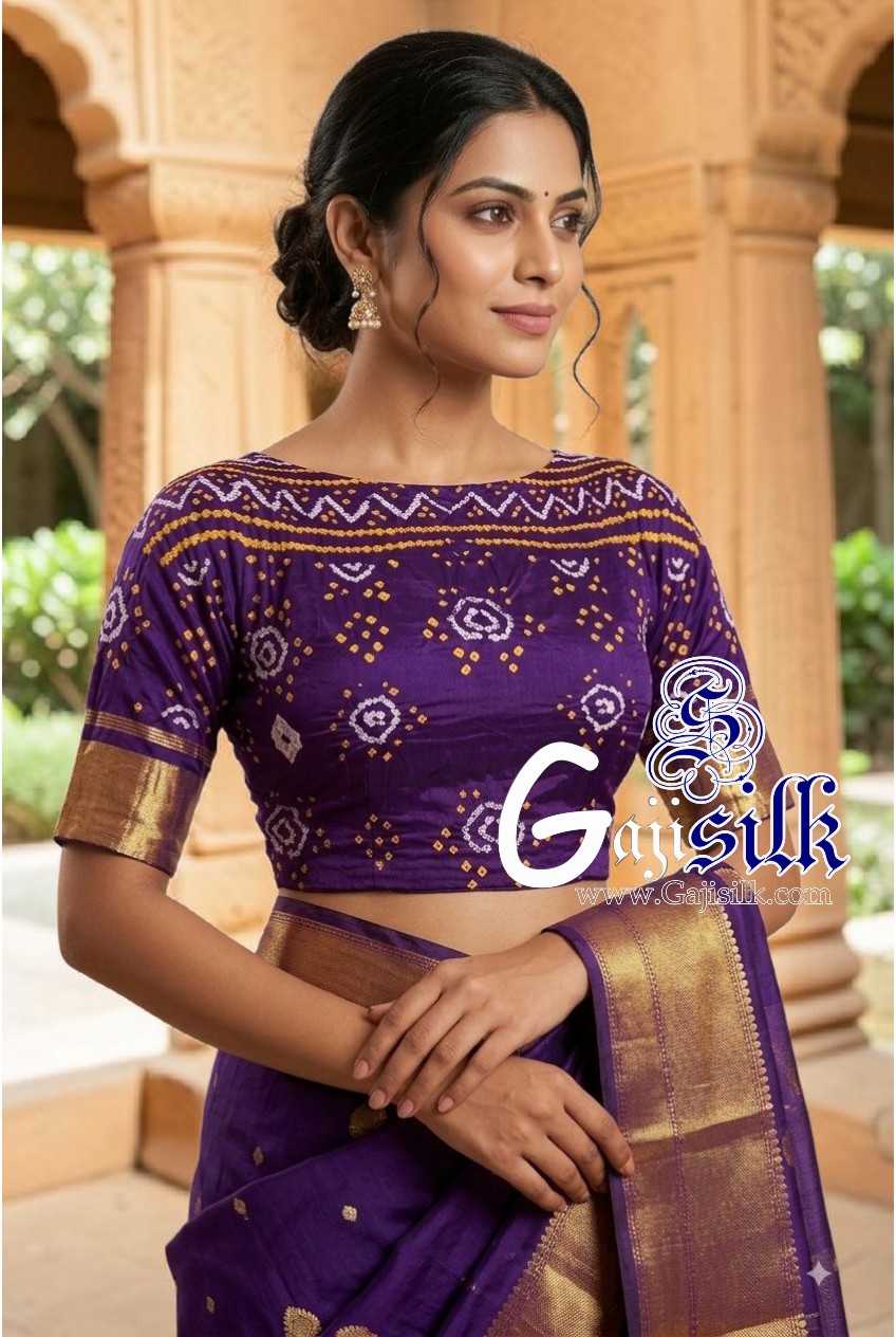 Purple Bandhani Blouse Piece with Gold Zari in Pure Gaji Silk