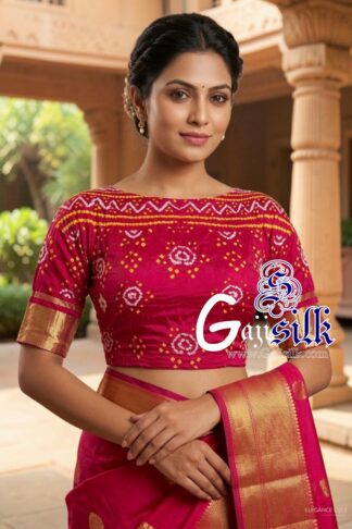 Rani Bandhani Blouse Piece with Gold Zari in Pure Gaji Silk