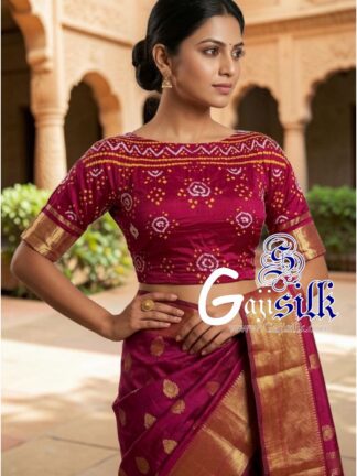 Magenta Bandhani Blouse Piece with Gold Zari in Pure Gaji Silk