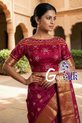 Magenta Bandhani Blouse Piece with Gold Zari in Pure Gaji Silk