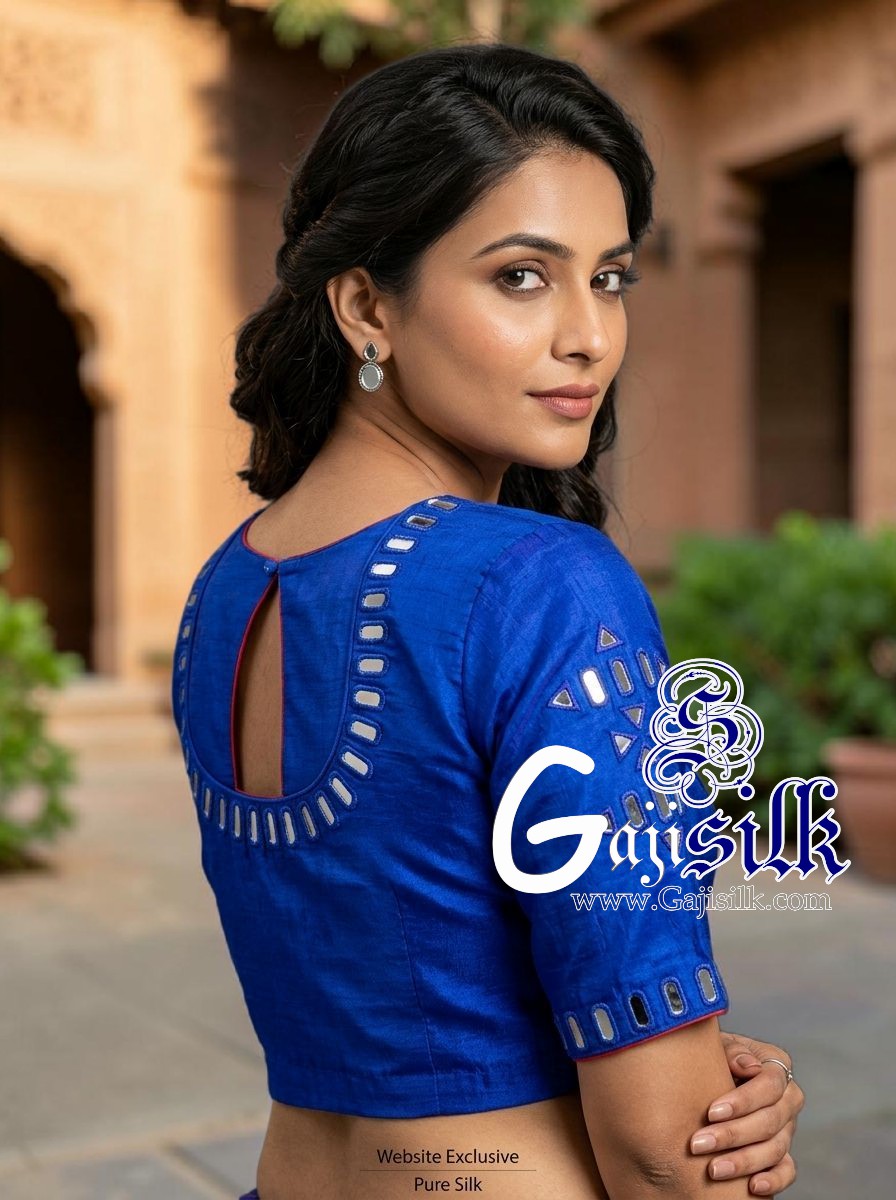 Blue Handwork Kutchi Blouse Mirror Work Gaji Silk