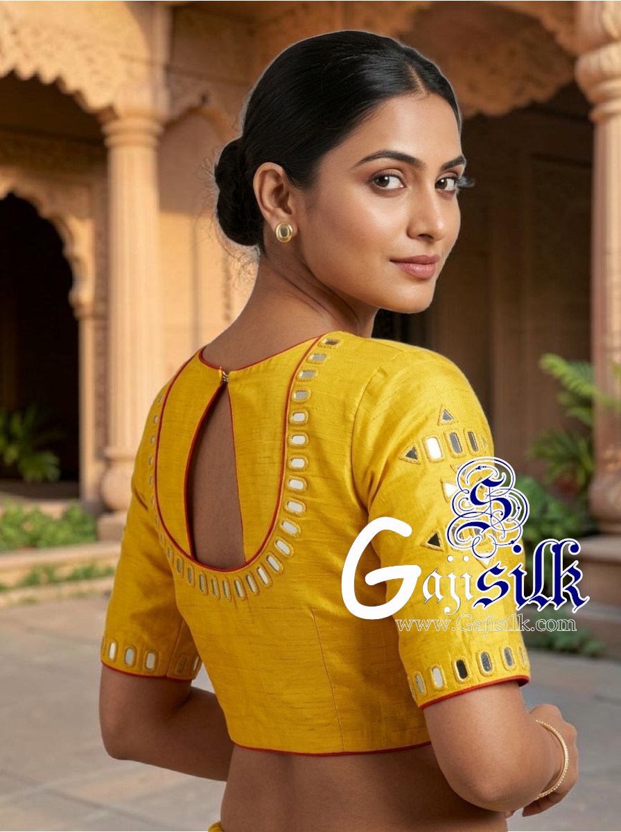 Yellow Handwork Kutchi Blouse Mirror Work Gaji Silk
