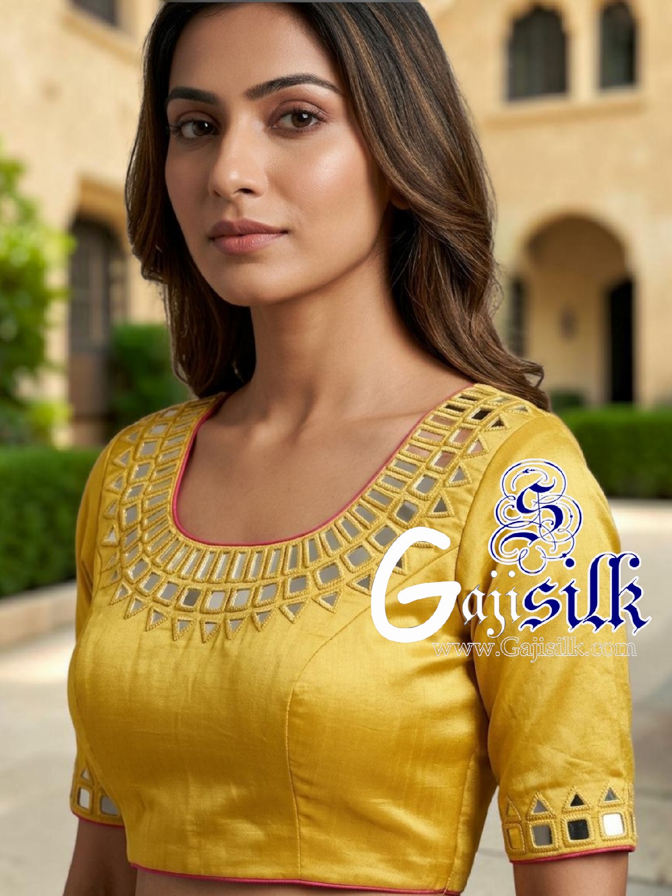 Pastel Yellow Handwork Kutchi Blouse Mirror Work Gaji Silk