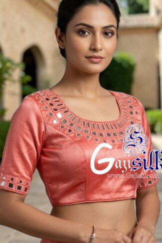Peach Pink Handwork Kutchi Blouse Mirror Work Gaji Silk