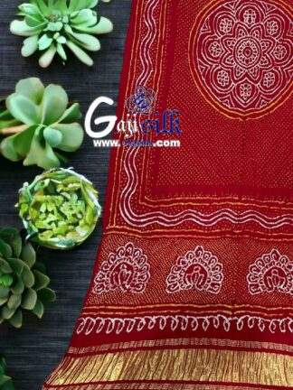Red Peacock Bandhani Pure Gaji Silk Dupatta