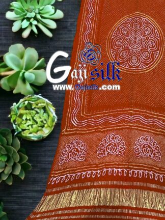 Rust Orange Peacock Bandhani Pure Gaji Silk Dupatta
