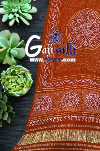 Rust Orange Peacock Bandhani Pure Gaji Silk Dupatta