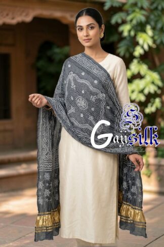 Grey Chandrokhani Bandhani Dupatta with Golden Lagdi Patta Border