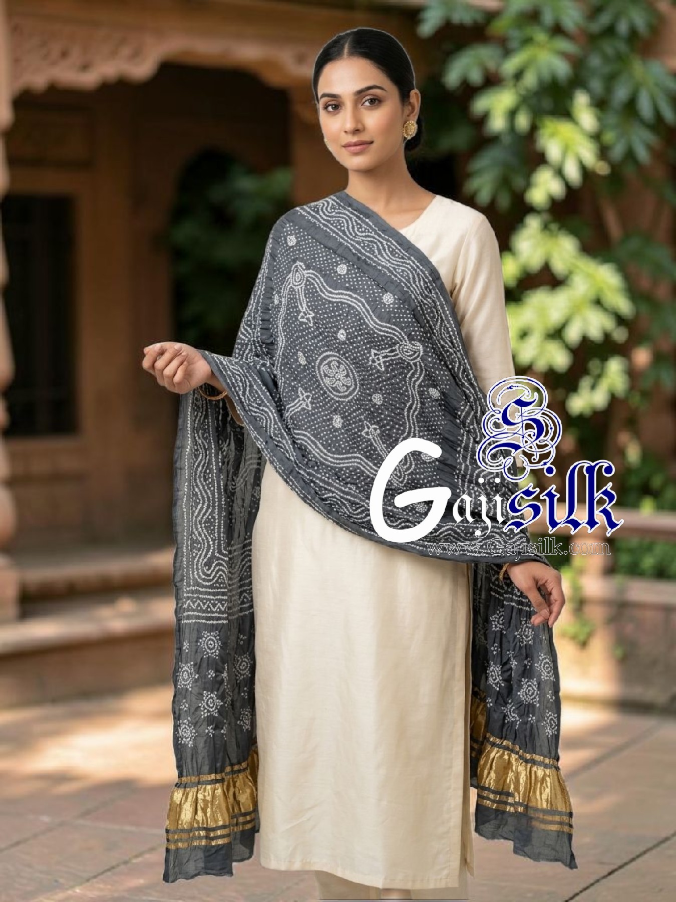 Grey Chandrokhani Bandhani Dupatta with Golden Lagdi Patta Border