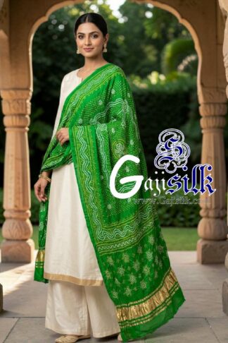 Parrot Chandrokhani Bandhani Dupatta with Golden Lagdi Patta Border