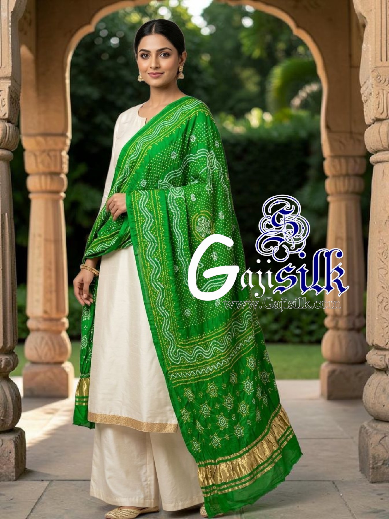 Parrot Chandrokhani Bandhani Dupatta with Golden Lagdi Patta Border