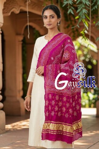 Magenta Chandrokhani Bandhani Dupatta with Golden Lagdi Patta Border