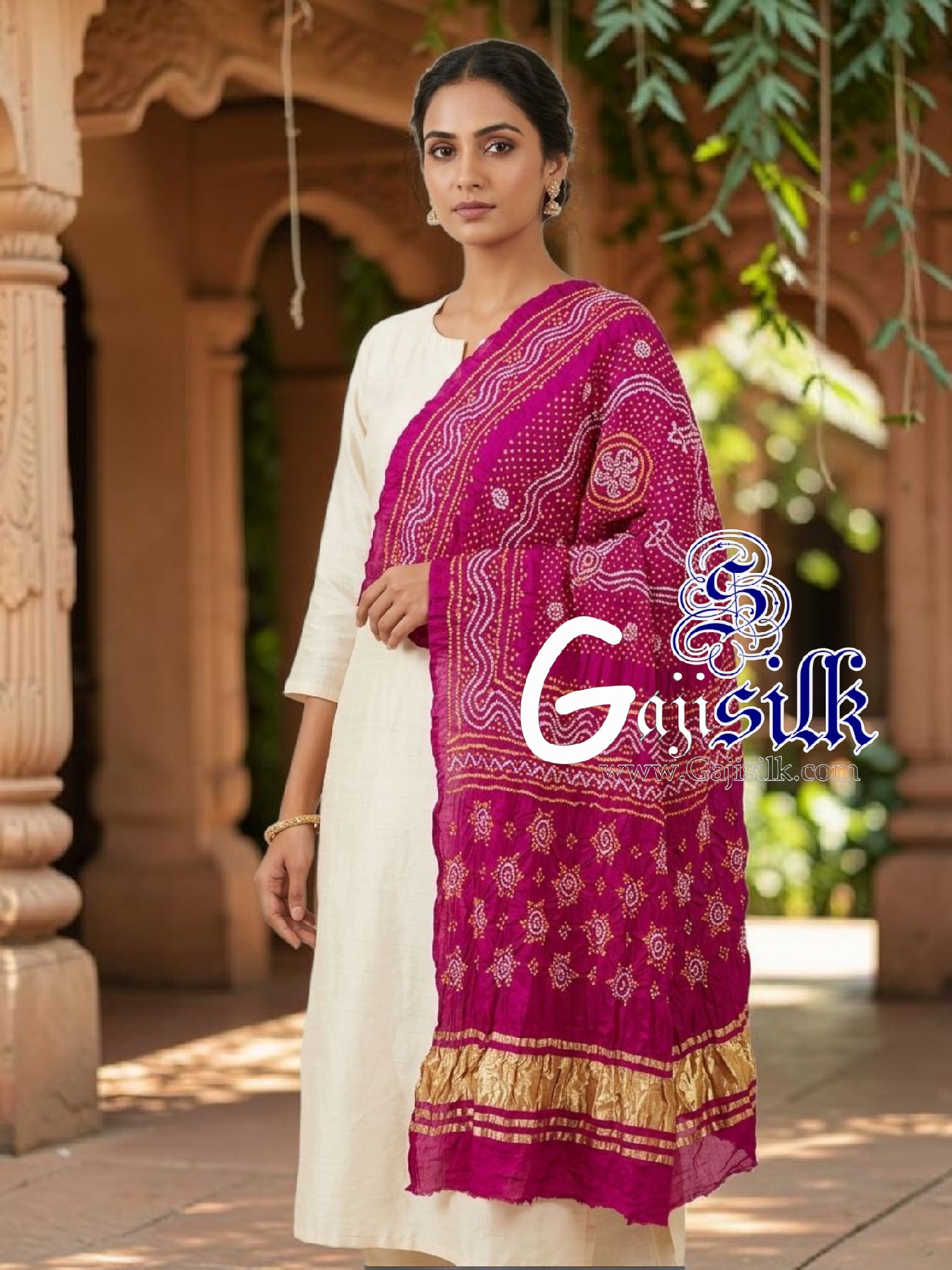 Magenta Chandrokhani Bandhani Dupatta with Golden Lagdi Patta Border
