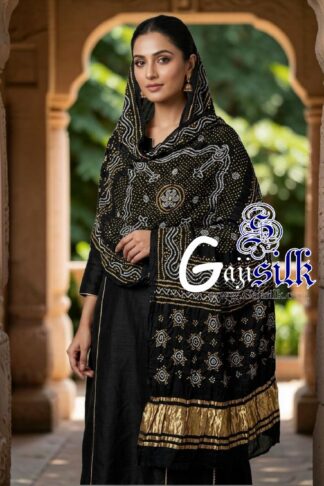 Black Chandrokhani Bandhani Dupatta with Golden Lagdi Patta Border