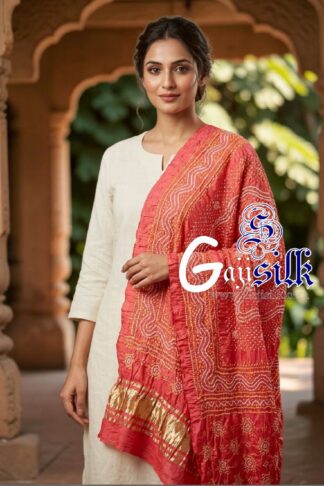 Gajari Chandrokhani Bandhani Dupatta with Golden Lagdi Patta Border