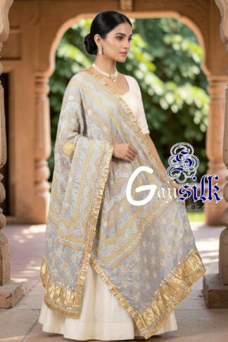 Silver Chandrokhani Bandhani Dupatta with Golden Lagdi Patta Border