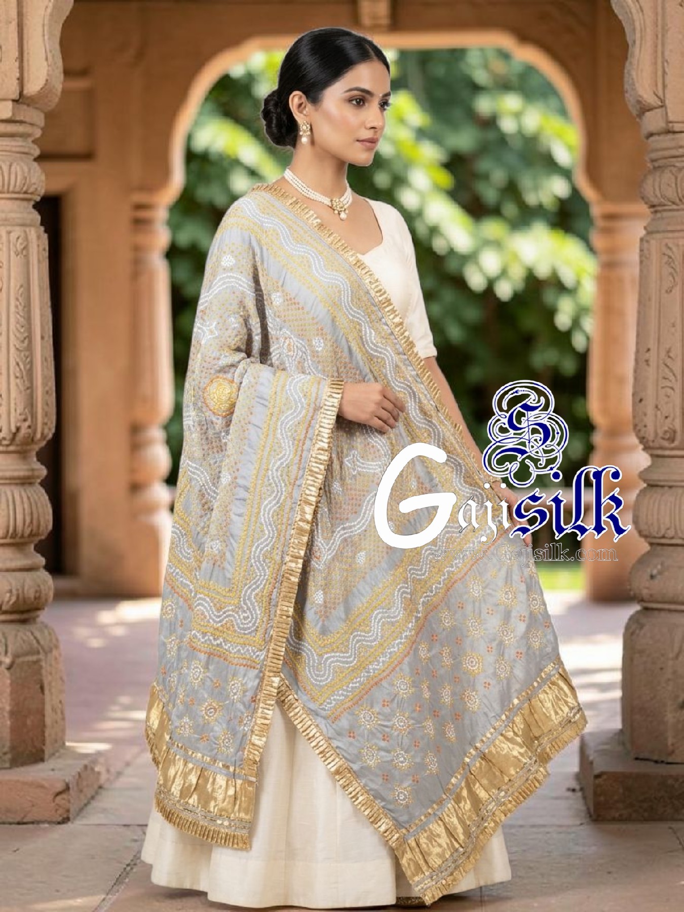 Silver Chandrokhani Bandhani Dupatta with Golden Lagdi Patta Border