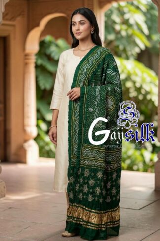 Green Chandrokhani Bandhani Dupatta with Golden Lagdi Patta Border