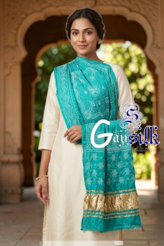 Aqua Chandrokhani Bandhani Dupatta with Golden Lagdi Patta Border