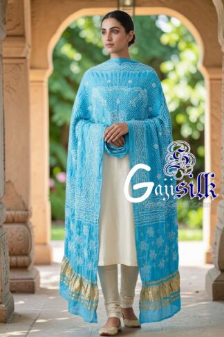 Sky Chandrokhani Bandhani Dupatta with Golden Lagdi Patta Border