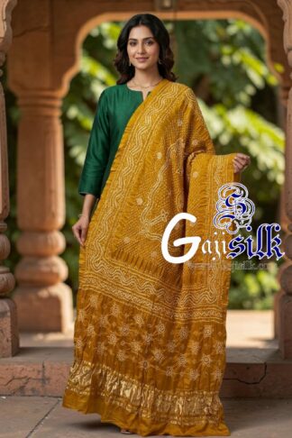 Mustered Chandrokhani Bandhani Dupatta with Golden Lagdi Patta Border