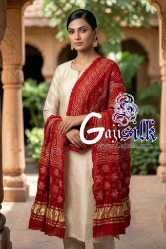 Burn Red Chandrokhani Bandhani Dupatta with Golden Lagdi Patta Border