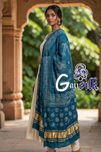 Peacock Blue Chandrokhani Bandhani Dupatta with Golden Lagdi Patta Border