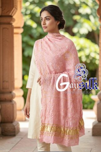 Pastel Pink Chandrokhani Bandhani Dupatta with Golden Lagdi Patta Border