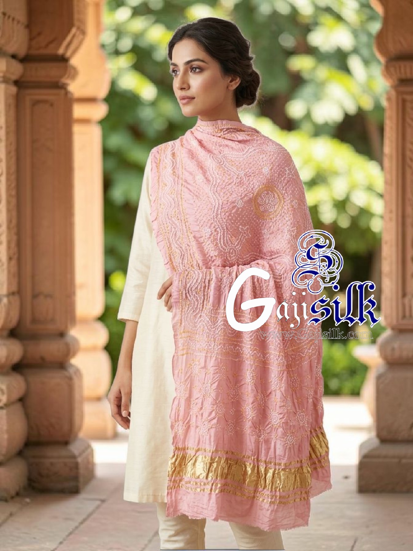Pastel Pink Chandrokhani Bandhani Dupatta with Golden Lagdi Patta Border
