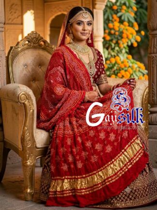 Wedding Red Chandrokhani Bandhani Dupatta with Golden Lagdi Patta Border