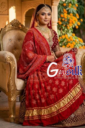 Wedding Red Chandrokhani Bandhani Dupatta with Golden Lagdi Patta Border