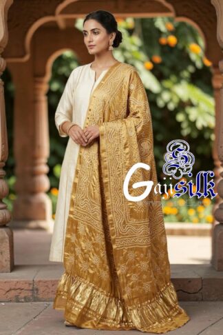 Metalic Gold Chandrokhani Bandhani Dupatta with Golden Lagdi Patta Border
