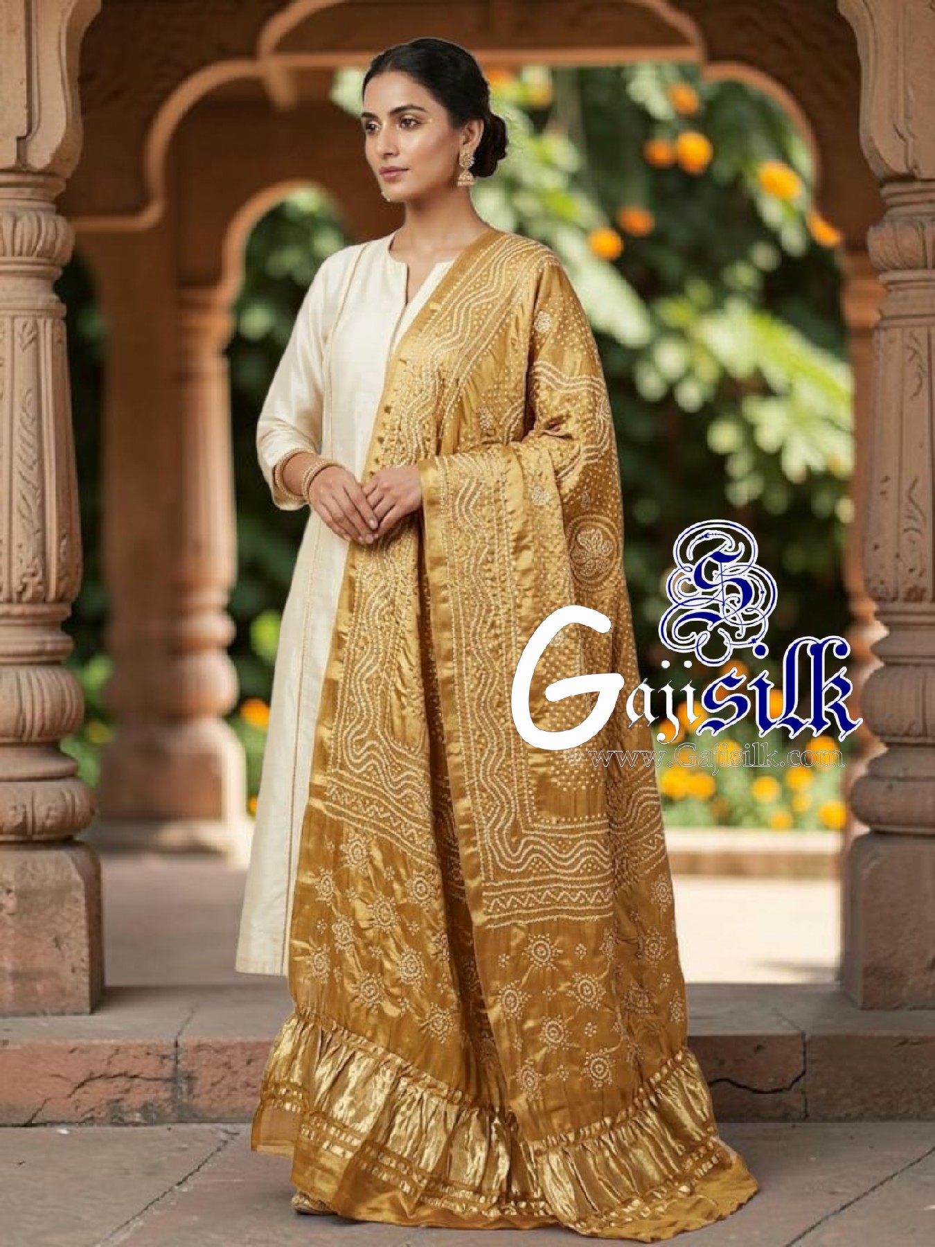 Metalic Gold Chandrokhani Bandhani Dupatta with Golden Lagdi Patta Border