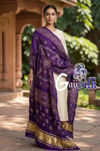 Purple Chandrokhani Bandhani Dupatta with Golden Lagdi Patta Border