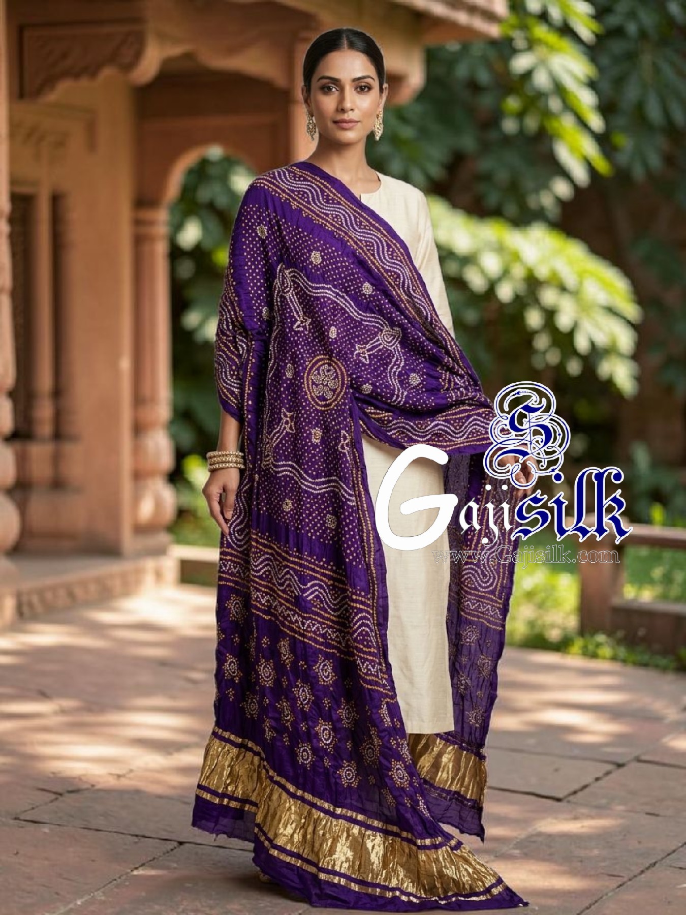 Purple Chandrokhani Bandhani Dupatta with Golden Lagdi Patta Border