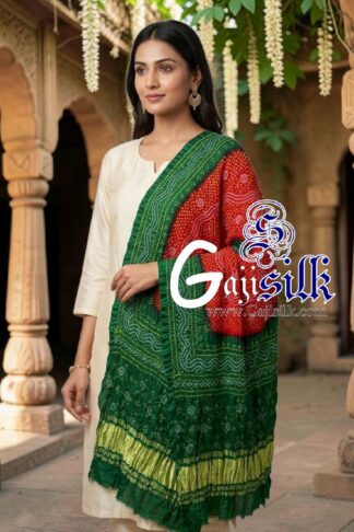 Green Red Chandrokhani Bandhani Dupatta with Golden Lagdi Patta Border